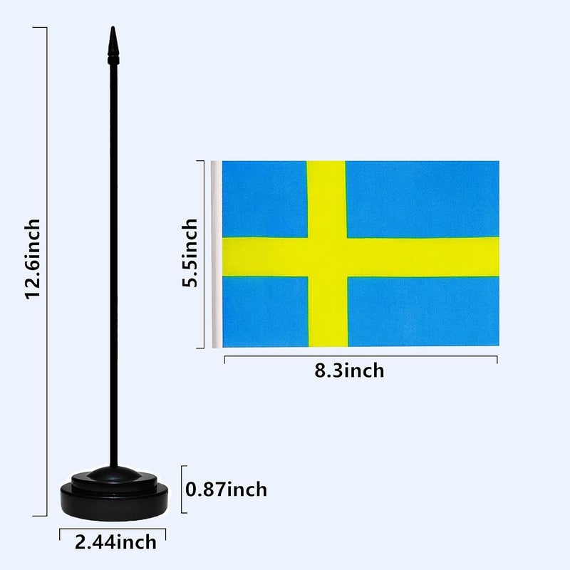 tibijoy Sweden Flags Swedish Small Mini Desk Flags Set Small Mini Sweden Flags Table Flag with 13" Black Pole, Black Base and Spear Top, Miniature Swedish Deluxe Desktop Flag, Home Decoration, Office - Image 3